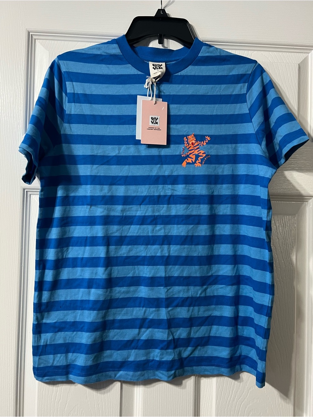 Lucy & Yak Blue Striped Short-Sleeve Tee with Orange Frog Motif